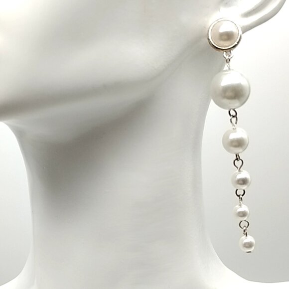 Long Faux Pearl Drop Dangle Earrings Silver Tone Chain Statement - Picture 2 of 11